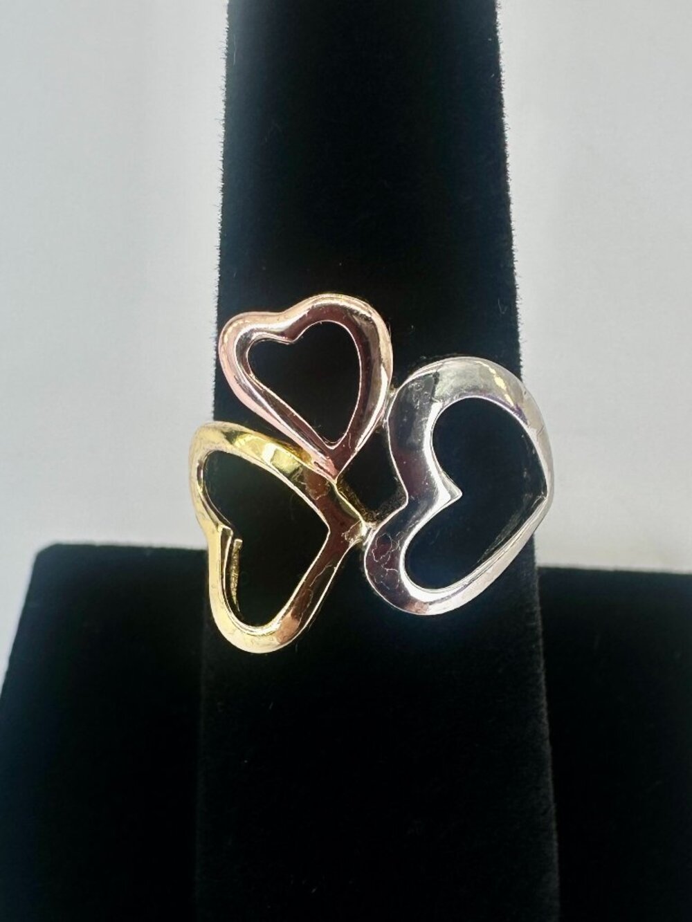 925 Sterling Silver Tri Color Open Heart Ring Size 7.25